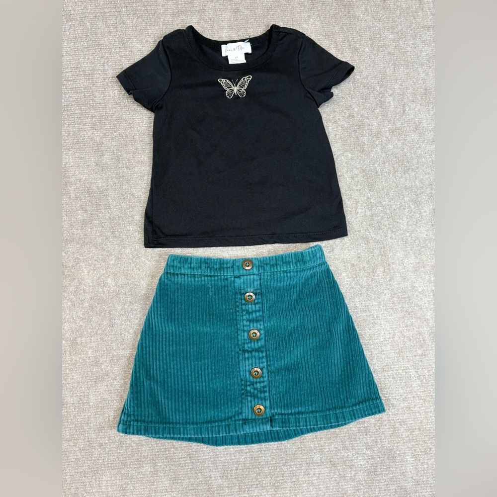 Black Butterfly Tee and Teal Corduroy Skirt Set